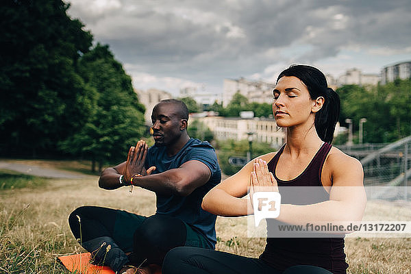 Multi-ethnische Freunde praktizieren Yoga auf dem Feld in der Stadt