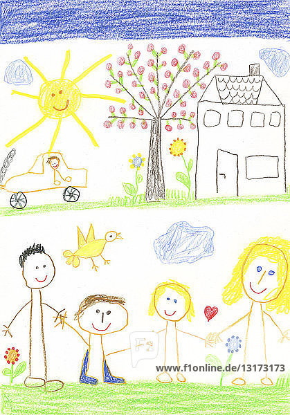 Kinderzeichnung  glückliche Familie mit Haus  Auto  Garten  Apfelbaum und Sonnenschein