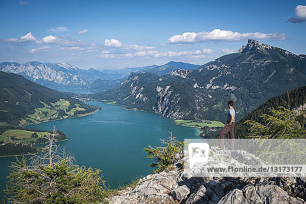 Austria  State Salzburg  Lake Mondsee and Schafberg  hiker on viewpoint