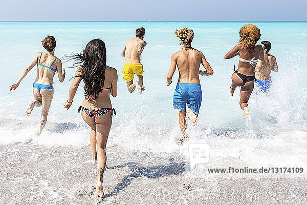 Group of friends having fun on the beach  running into the water