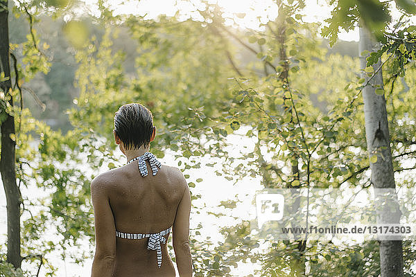 Rear view of woman wearing a bikini at a lake