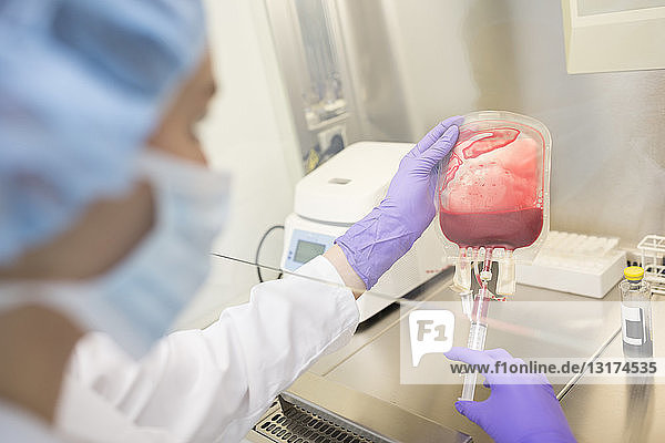 Wissenschaftlerin arbeitet mit Blutbeutel im Labor