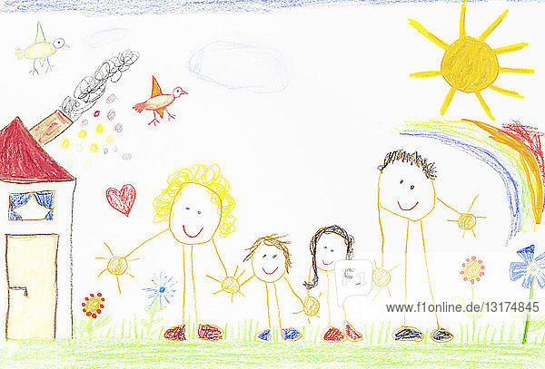Kinderzeichnung  glückliche Familie mit Haus  Garten  Sonnenschein und Regenbogen