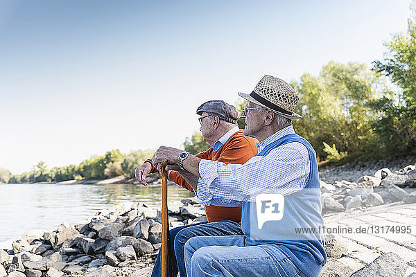 Zwei alte Freunde sitzen auf einem Baumstamm und beobachten den Fluss