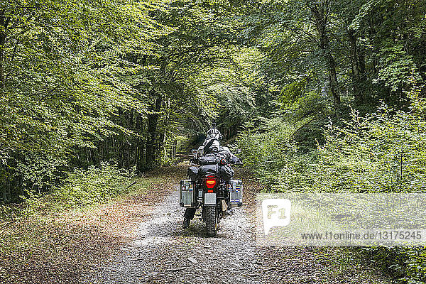 Father and son on a motorbike trip on a forest track