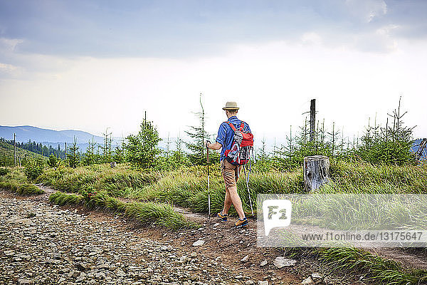 Rear view of man hiking in the mountains