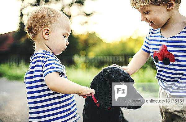 Kleinkind und seine kleine Schwester streicheln Hund im Freien
