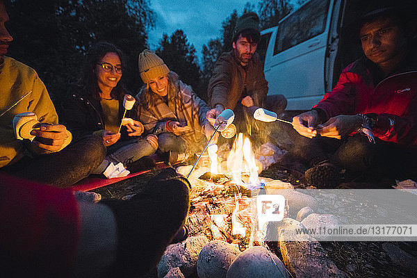 Gruppe von Freunden sitzt am Lagerfeuer und röstet Marshmallows