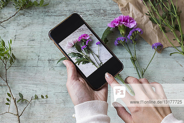 Frauenhände beim Fotografieren von Blumen mit dem Smartphone