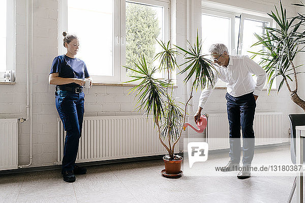 Manager gießt Pflanzen im Aufenthaltsraum  während der Arbeiter Kaffee trinkt