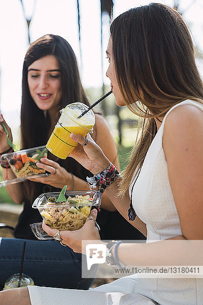 Freundinnen  die in einem Park sitzen  Salat essen  Saft trinken