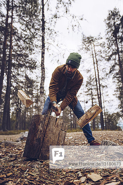 Junger Mann beim Holzhacken im Wald