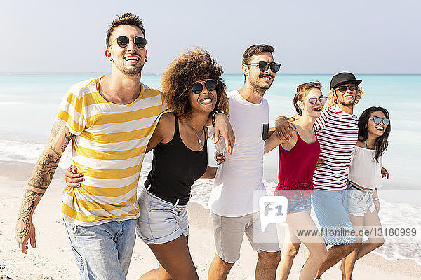 Group of friends walking on the beach