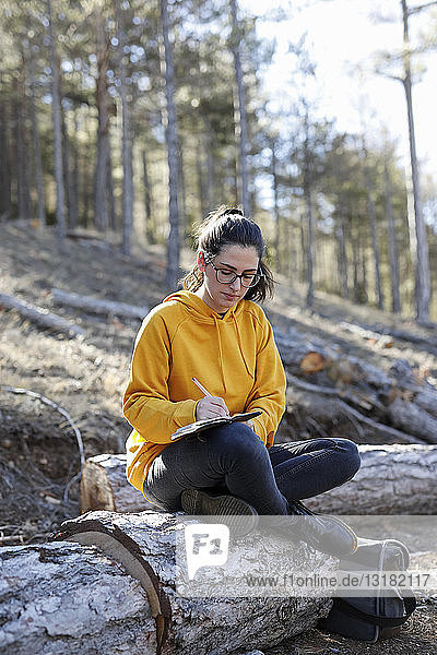 Junge Frau mit gelbem Pullover im Wald beim Schreiben