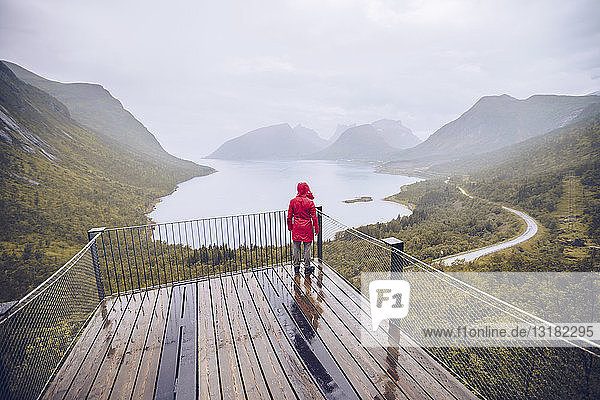 Norwegen  Senja  Rückansicht eines Mannes  der auf einer Beobachtungsplattform an der Küste steht
