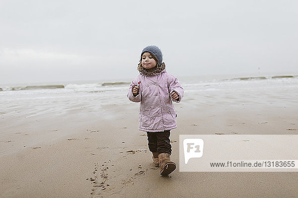 Deutschland  Nordseeküste  kleines Mädchen mit Lolly  das im Winter am Strand spazieren geht