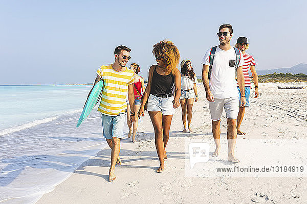 Gruppe von Freunden  die mit Surfbrettern am Strand spazieren gehen