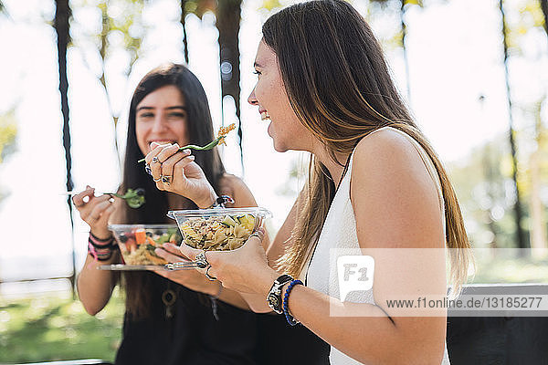 Girl friends sitting in a park  eating salad