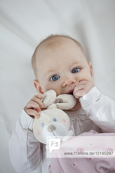 Porträt eines kleinen Mädchens mit Spielzeughase