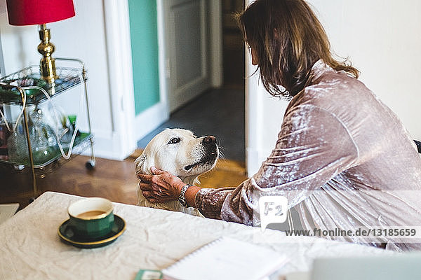 Frau streichelt Hund  während sie zu Hause Kaffee auf dem Esstisch trinkt