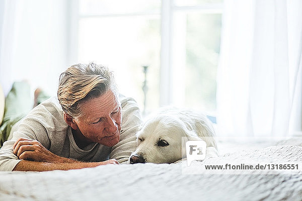 Nahaufnahme eines älteren Mannes  der sich einen süßen Hund ansieht  während er im Schlafzimmer auf dem Bett liegt