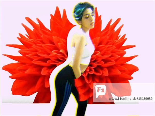 Abstrakte Frau gegen rote Blumen Hintergrund  Glitch Motion Effekt