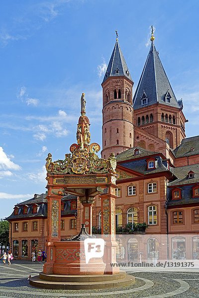 Marktbrunnen and Mainz Cathedral  Mainz  Rhineland-Palatinate  Germany  Europe