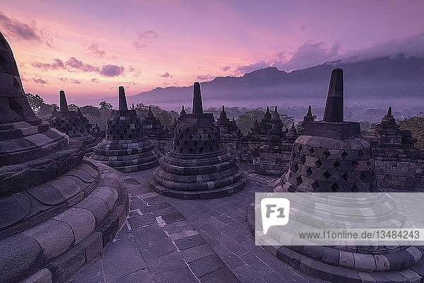 Borobudur-Tempel bei Sonnenaufgang  Stupas  Borobudur  Yogyakarta  Java  Indonesien  Asien