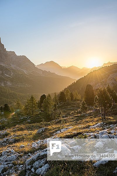Sonnenaufgang vor Bergsilhouette  Blick zum Monte Cristallo  Falzaregopass  Dolomiten  Südtirol  Trentino-Südtirol  Italien  Europa