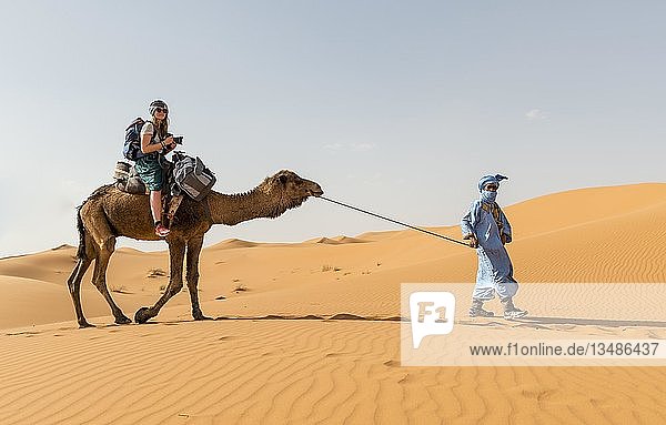 Tourist auf einem Dromedar mit Beduinen (Camelus dromedarius)  Sanddünen in der Wüste  Erg Chebbi  Merzouga  Sahara  Marokko  Afrika