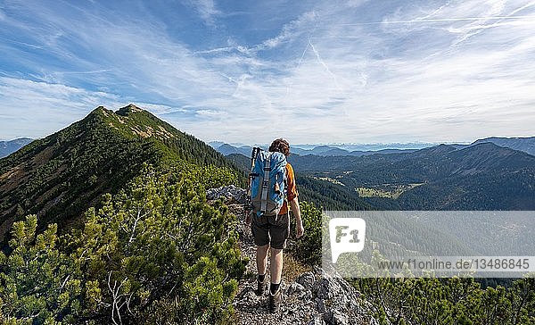Wanderer beim Überqueren der Blauberge  vom Predigtstuhl über Blaubergschneid  Blaubergkopf und Karschneid zum Halserspitz  Wildbad Kreuth  Oberbayern  Bayern  Deutschland  Europa