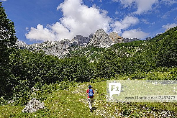 Wanderin im Kukaj-Tal mit Jezerca  Maja e Jezercës  Valbona-Nationalpark  Albanische Alpen  Prokletije  Qar Kukes  Albanien  Europa