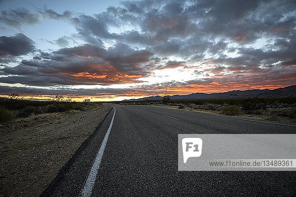 Dramatischer Sonnenuntergang über Wüstenlandschaft  Landstraße  Sonnenuntergang  Mojave-Wüste  Mojave National Preserve  Kalifornien  USA  Nordamerika