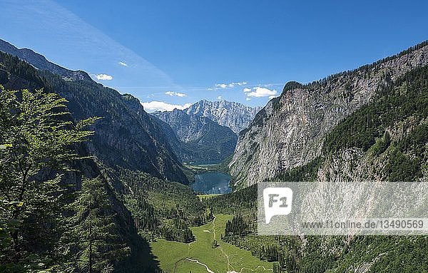 Blick auf den Obersee und den Königssee vom Röthsteig aus,  im Hintergrund der Watzmann,  Berchtesgaden,  Oberbayern,  Bayern,  Deutschland,  Europa