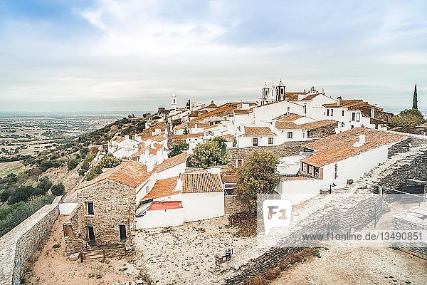 Historic red roofed Monsaraz located on the hill in Alentejo  Portugal  Europe