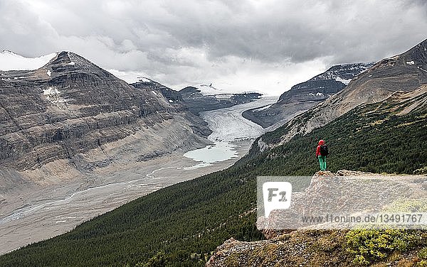 Hiker standing on a rock  view in valley with glacier tongue  Parker Ridge  Saskatchewan Glacier  Athabasca Glacier  Jasper National Park National Park  Canadian Rocky Mountains  Alberta  Canada  North America