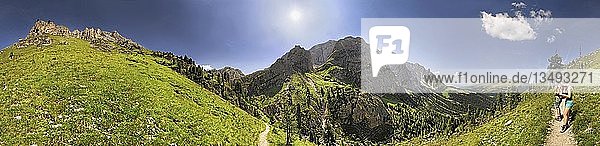 360Â° panoramic view from Mt Aferer Geisler with hikers at Wuerzjoch  Passo delle Erbe  Villnoess  Funes  Dolomites  South Tyrol  Italy  Europe