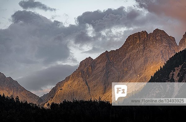 Alpenglühen  Sonnenuntergang  Berglandschaft  bei Ehrwald  Tiroler Alpen  Tirol  Österreich  Europa
