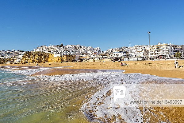 Wide sandy beach  townscape  Albufeira  Algarve  Portugal  Europe