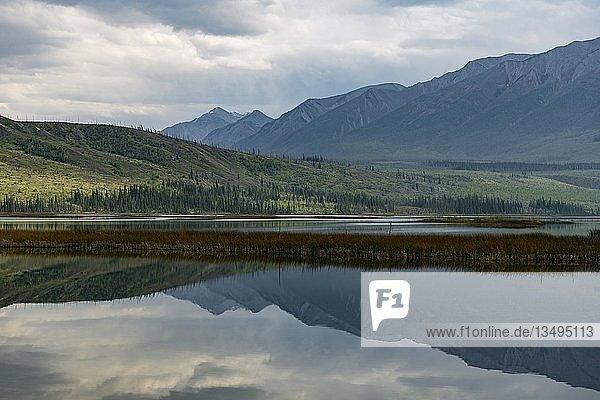 Hügelige Landschaft  die sich in einem See spiegelt  Talbot Lake  Jasper National Park  British Columbia  Kanada  Nordamerika