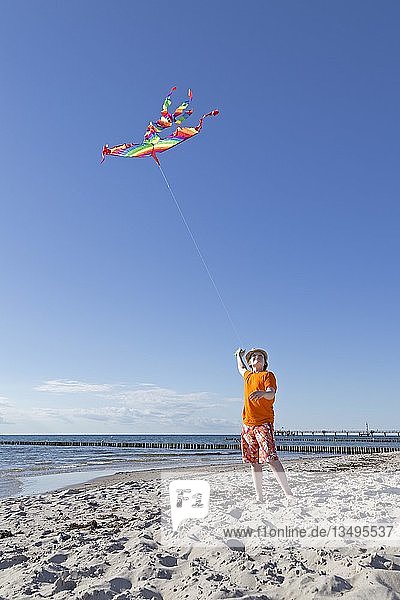 Boy playing with a kite on the beach  Wustrow  Fischland  Mecklenburg-Western Pomerania  Germany  Europe
