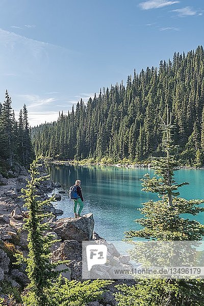 Hiker at the turquoise lake Garibaldi Lake  Garibaldi Provincial Park  British Columbia  Canada  North America