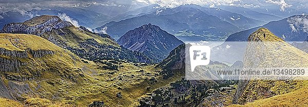 Panorama from Hochiss peak in the Rofan Mountains with Dalfazer WÃ¤nde  Adlerhorst and Inn Valley  Rofan Mountains  Achensee  Tyrol  Austria  Europe