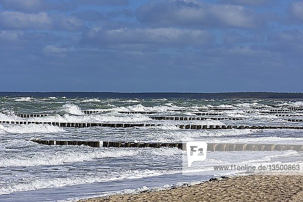Buhnen für Küstenschutz  Wellen  Ostsee  Darß  Mecklenburg-Vorpommern  Deutschland  Europa