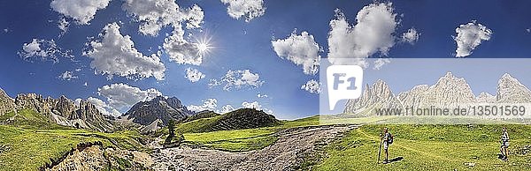 360Â° panoramic view of the Geisler Mountains  two hikers walking near Mittagsscharte gorge  Puez-Geisler Nature Park  province of Bolzano-Bozen  Italy  Europe