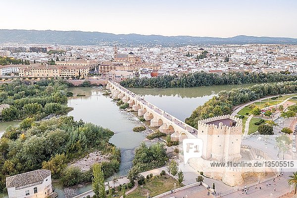 Luftaufnahme der berühmten römischen Brücke und der Moschee  Kathedrale von Cordoba  Andalusien  Spanien  Europa