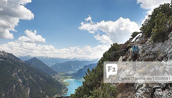 Female hiker on hiking trail  crossing from the Seekarspitz to the Seebergspitz  view of the lake Achensee  Tyrol  Austria  Europe