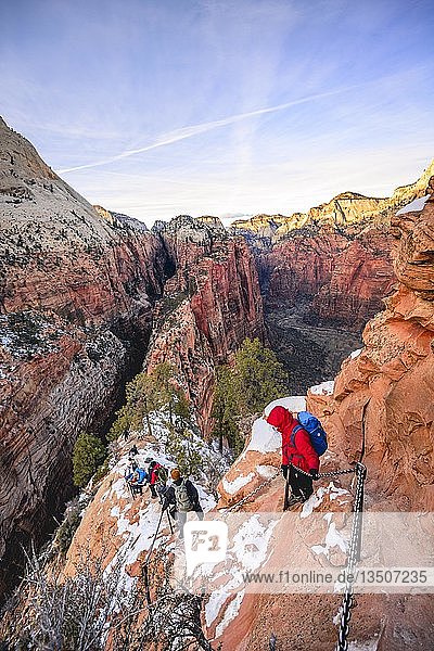 Young woman hikes on the via ferrata descending from Angels Landing  Angels Landing Trail  in winter  Zion Canyon  Mountain Landscape  Zion National Park  Utah  USA  North America