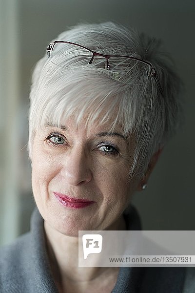 Seniorin mit grauem Haar und Brille auf der Stirn lächelt Portrait Deutschland Europa