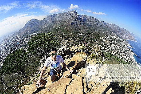 Ascent to Lion's Head overlooking Camps Bay  Table Mountain and Twelve Apostles  Cape Town  Western Cape  South Africa  Africa